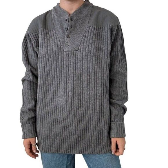 LL Bean Mens Gray 100% Merino Wool Ribbed Henley Elbow Patch Sweater Sz L Tall - Picture 1 of 6